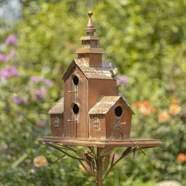 Alt view image 5 of 7 - Large Copper Multi-Birdhouse Garden Stakes, Room for 5 Bird Families (XL Country Town Home Montana)