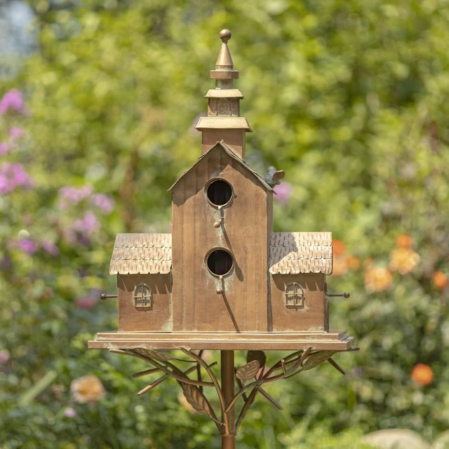 Alt view image 4 of 7 - Large Copper Multi-Birdhouse Garden Stakes, Room for 5 Bird Families (XL Country Town Home Montana)