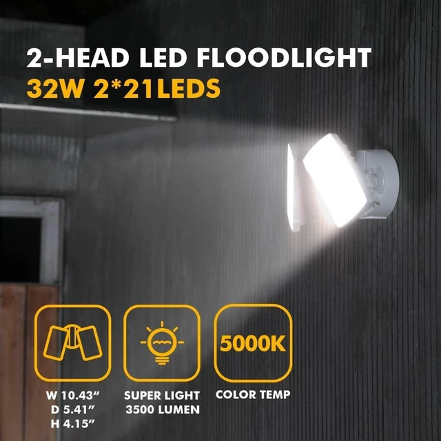 Alt view image 3 of 7 - 32W 5000K 3500-Lumen Dual-Head LED Flood Light, Dusk-to-Dawn Waterproof Security Wall Light for Patio, Garden & Yard