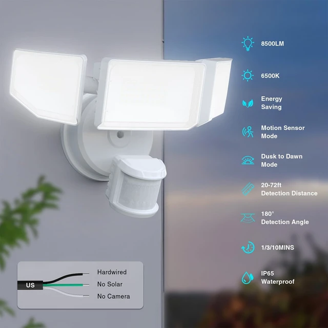 Alt view image 3 of 7 - 85W LED Motion Sensor Security Light, 8500LM 6500K, IP65 Waterproof 3-Head Dusk-to-Dawn Flood Light for Garage, Yard & Porch (White)