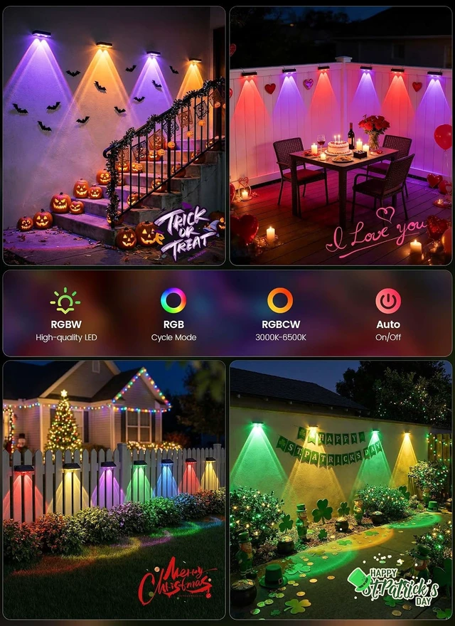 Alt view image 6 of 7 - Solar Fence Lights Outdoor, 3000/4000/6000K/RGB with 12 Modes, 8 Pack