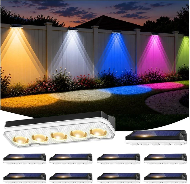 Main image of Solar Fence Lights with 5 Lens, 40 Modes RGB & Cold/Warm White, IP67 Waterproof Dusk-to-Dawn for Backyard, Patio, Pool & Deck, 10 Pack