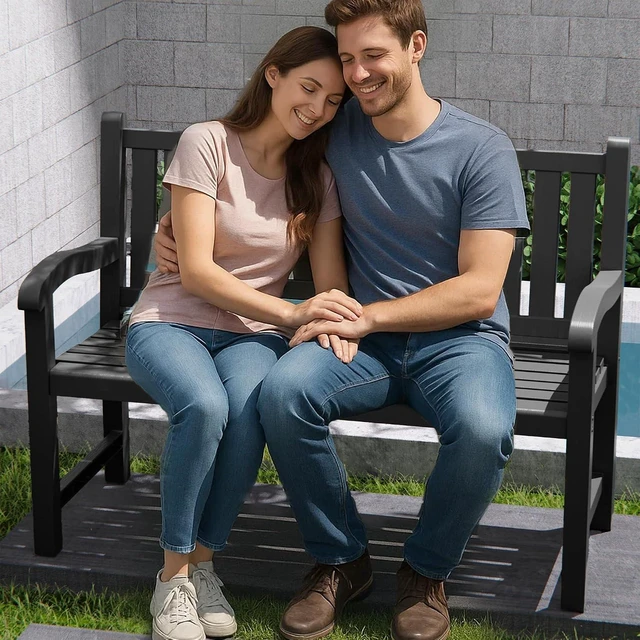 Alt view image 7 of 7 - 2-Person Resin Outdoor Bench, Deep Black