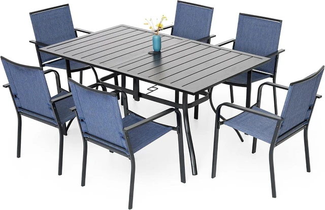 Main image of Blue 7-Piece Outdoor Dining Set with 63" Patio Table & Stackable Chairs