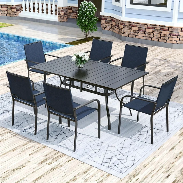 Alt view image 3 of 7 - Blue 7-Piece Outdoor Dining Set with 63" Patio Table & Stackable Chairs