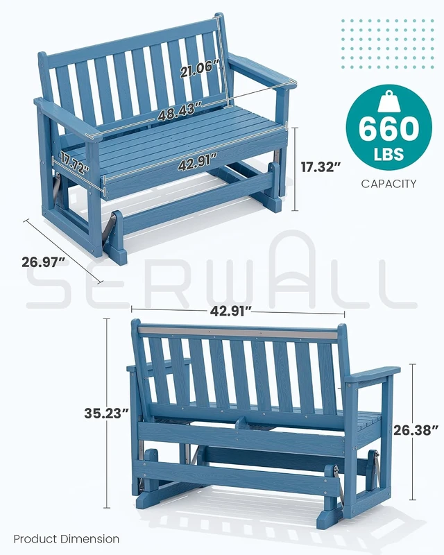 Alt view image 2 of 7 - Navy HDPE All-Weather Patio Glider Bench, 2-Person Swinging Bench