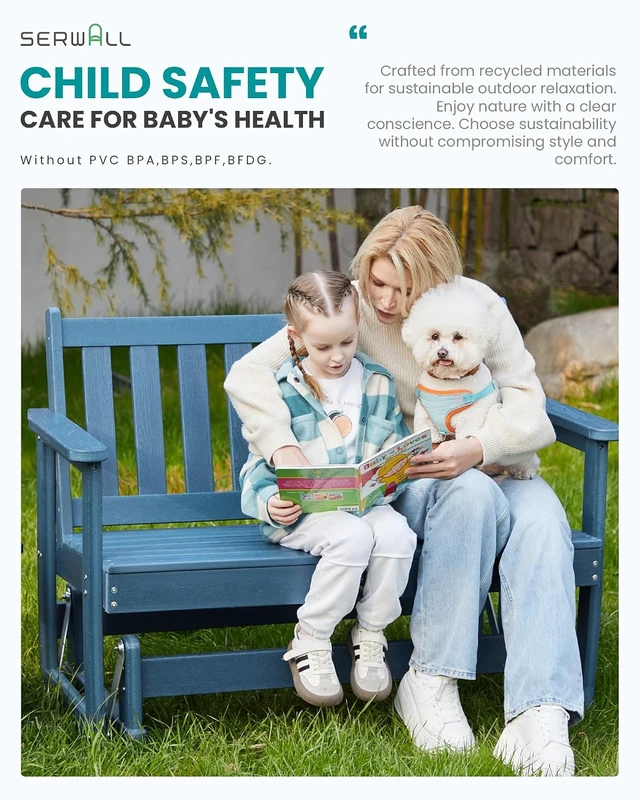 Alt view image 6 of 7 - Navy HDPE All-Weather Patio Glider Bench, 2-Person Swinging Bench