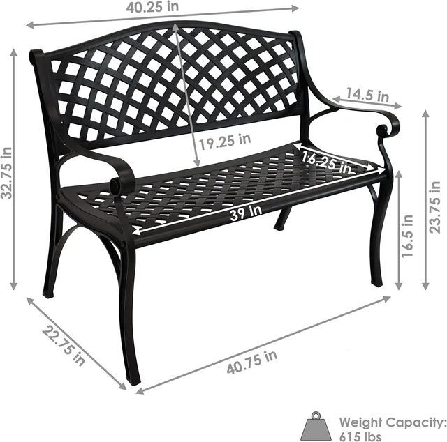 Alt view image 3 of 7 - Sunnydaze Black 2-Person Metal Garden Bench with Backrest, 40" W
