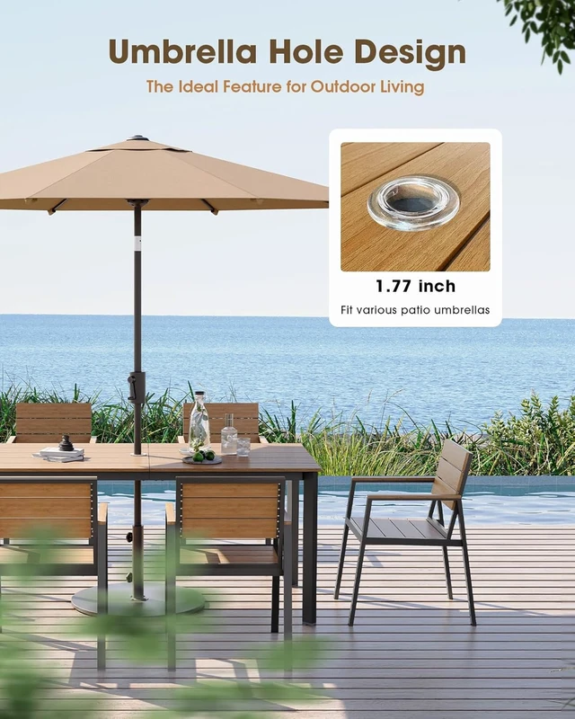 Alt view image 3 of 7 - 7-Piece Aluminum Outdoor Dining Set with Umbrella Hole, All-Weather HDPS Patio Table & Chairs, Gray & Teak