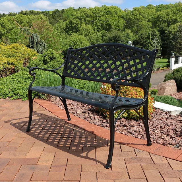 Alt view image 7 of 7 - Sunnydaze Black 2-Person Metal Garden Bench with Backrest, 40" W