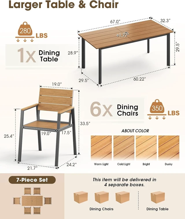 Alt view image 2 of 7 - 7-Piece Aluminum Outdoor Dining Set with Umbrella Hole, All-Weather HDPS Patio Table & Chairs, Gray & Teak