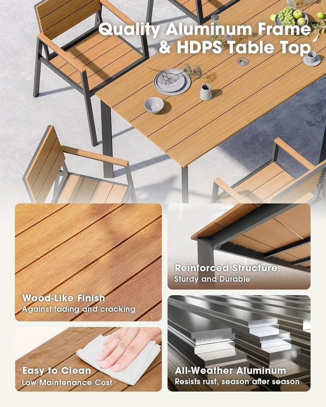 Alt view image 4 of 7 - 7-Piece Aluminum Outdoor Dining Set with Umbrella Hole, All-Weather HDPS Patio Table & Chairs, Gray & Teak