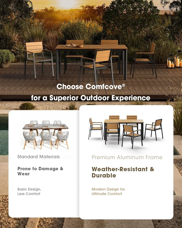 Alt view image 6 of 7 - 7-Piece Aluminum Outdoor Dining Set with Umbrella Hole, All-Weather HDPS Patio Table & Chairs, Gray & Teak