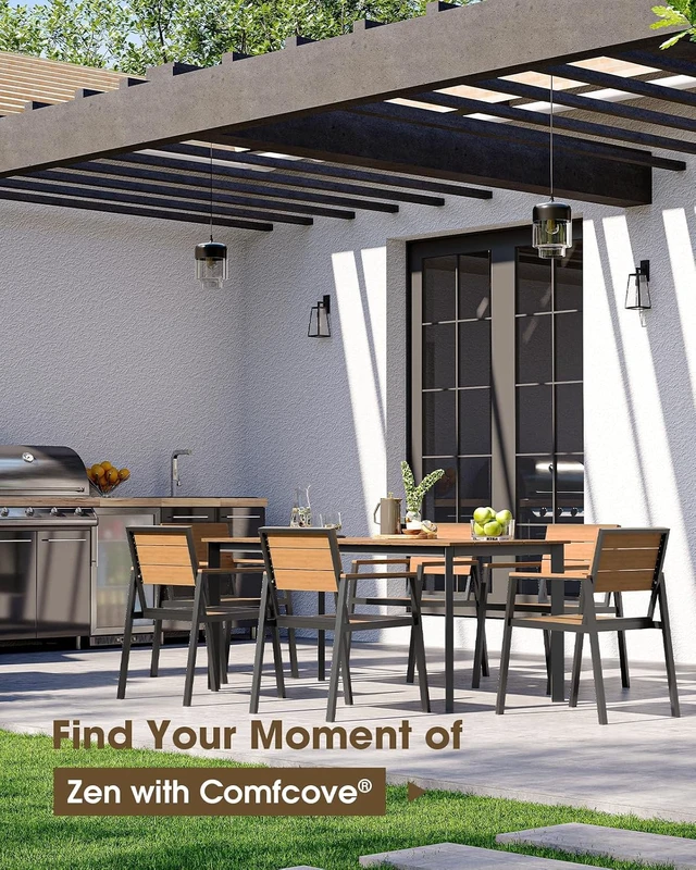 Alt view image 7 of 7 - 7-Piece Aluminum Outdoor Dining Set with Umbrella Hole, All-Weather HDPS Patio Table & Chairs, Gray & Teak