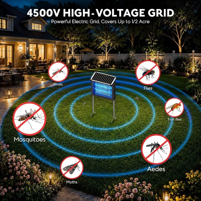 Alt view image 4 of 7 - 4500V Solar Bug Zapper with Projector Lights & Smart Sensor, Waterproof Mosquito & Fly Trap for Patio, Backyard, Kitchen, RV & Camping