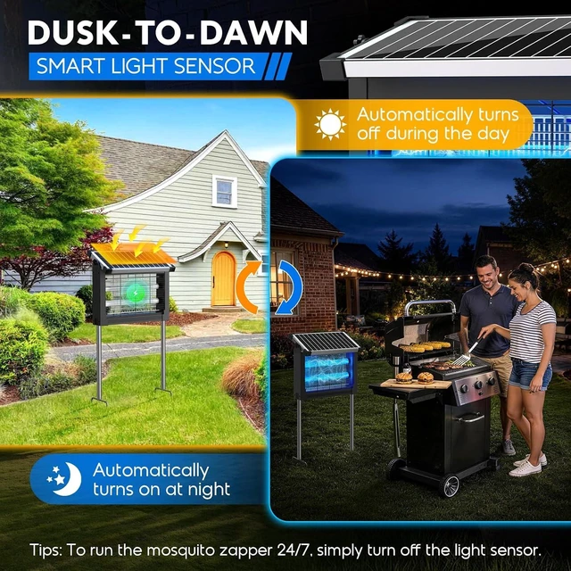 Alt view image 3 of 7 - 4500V Solar Bug Zapper with Projector Lights & Smart Sensor, Waterproof Mosquito & Fly Trap for Patio, Backyard, Kitchen, RV & Camping