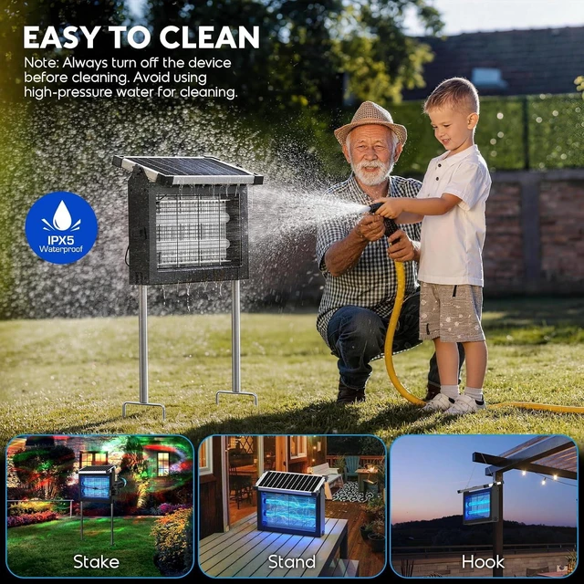 Alt view image 6 of 7 - 4500V Solar Bug Zapper with Projector Lights & Smart Sensor, Waterproof Mosquito & Fly Trap for Patio, Backyard, Kitchen, RV & Camping