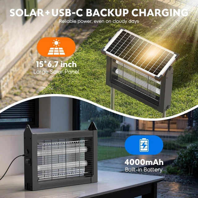 Alt view image 2 of 7 - 4500V Solar Bug Zapper with Projector Lights & Smart Sensor, Waterproof Mosquito & Fly Trap for Patio, Backyard, Kitchen, RV & Camping