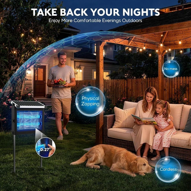 Alt view image 7 of 7 - 4500V Solar Bug Zapper with Projector Lights & Smart Sensor, Waterproof Mosquito & Fly Trap for Patio, Backyard, Kitchen, RV & Camping