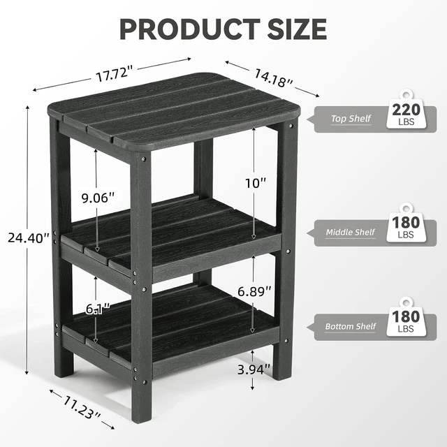 Alt view image 2 of 6 - 3-Tier HDPE Outdoor Side Table, Rectangle Adirondack End Table for Backyard, Garden & Balcony (Retro, Grey)