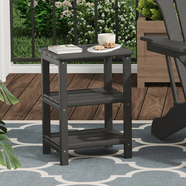 Alt view image 3 of 6 - 3-Tier HDPE Outdoor Side Table, Rectangle Adirondack End Table for Backyard, Garden & Balcony (Retro, Grey)