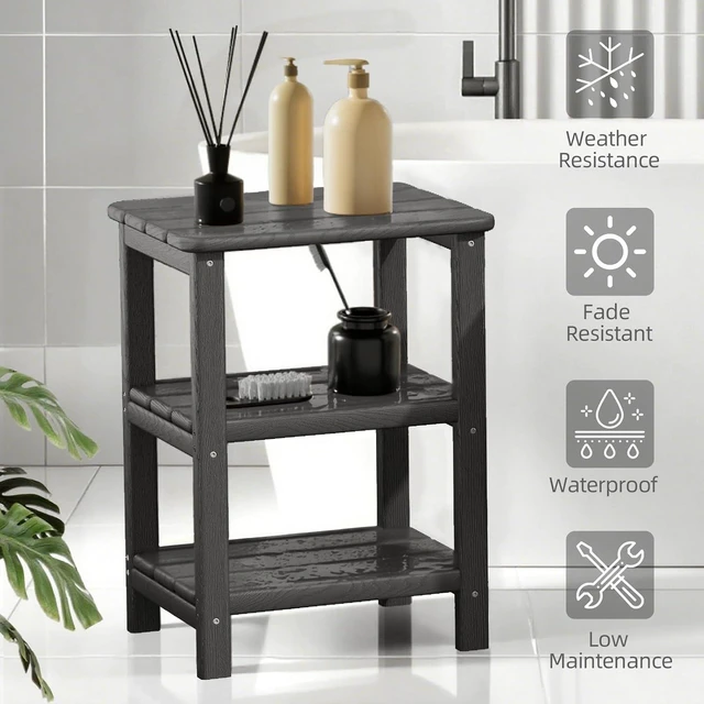 Alt view image 4 of 6 - 3-Tier HDPE Outdoor Side Table, Rectangle Adirondack End Table for Backyard, Garden & Balcony (Retro, Grey)