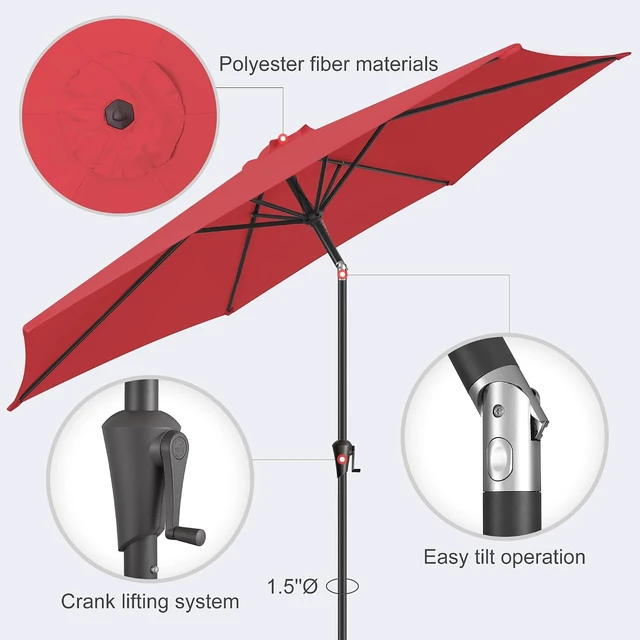 Alt view image 4 of 7 - Red 9 ft Outdoor Patio Umbrella with Push-Button Tilt