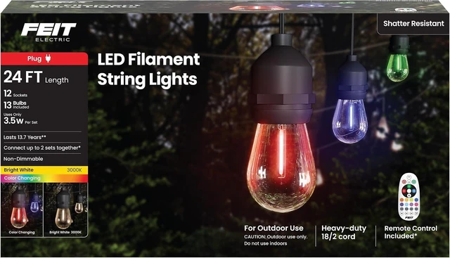 Main image of 24ft RGBW Color-Changing Outdoor String Lights, 12 Sockets