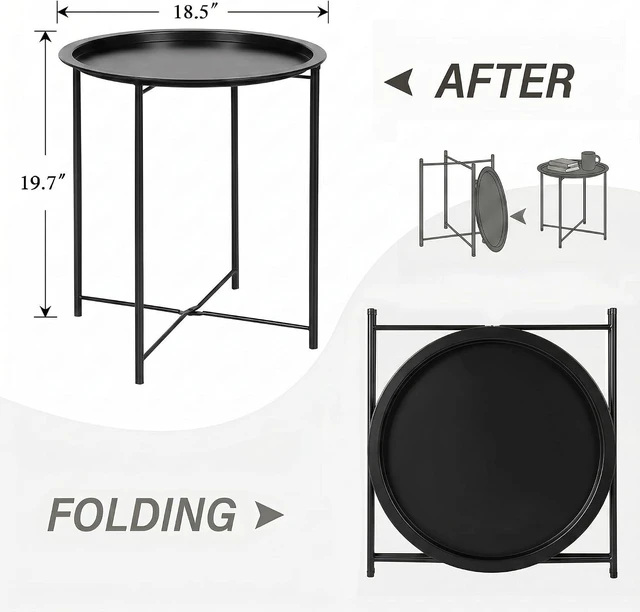Alt view image 3 of 7 - Black Folding Round Metal Side/End Table, Anti-Rust Waterproof Tray for Living Room, Balcony & Office, 2 PCS