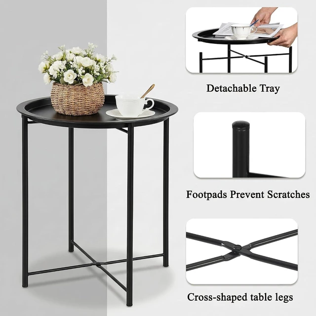 Alt view image 5 of 7 - Black Folding Round Metal Side/End Table, Anti-Rust Waterproof Tray for Living Room, Balcony & Office, 2 PCS
