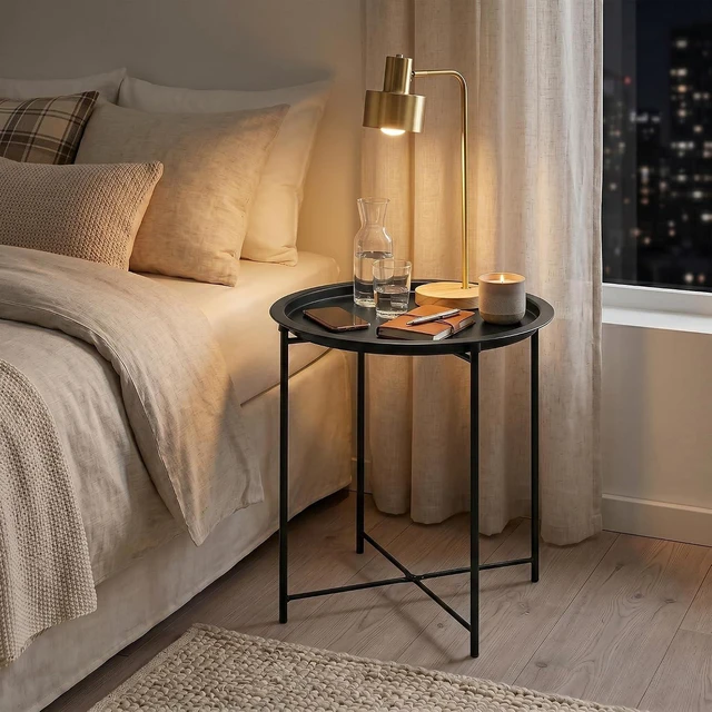 Alt view image 6 of 7 - Black Folding Round Metal Side/End Table, Anti-Rust Waterproof Tray for Living Room, Balcony & Office, 2 PCS