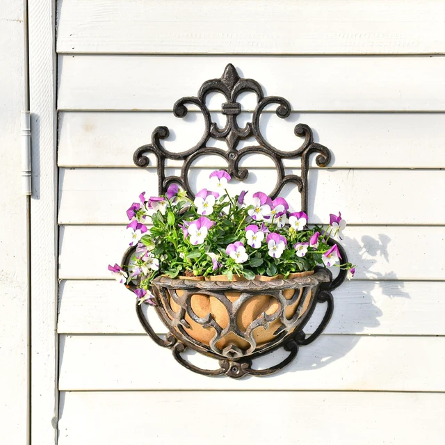 Alt view image 2 of 7 - Half-Round Cast Iron Wall Hanging Planter with Fabric Liner, 2 Pack