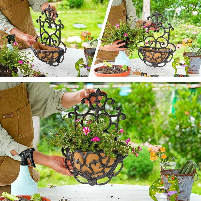 Alt view image 4 of 7 - Half-Round Cast Iron Wall Hanging Planter with Fabric Liner, 2 Pack