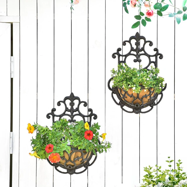 Alt view image 5 of 7 - Half-Round Cast Iron Wall Hanging Planter with Fabric Liner, 2 Pack