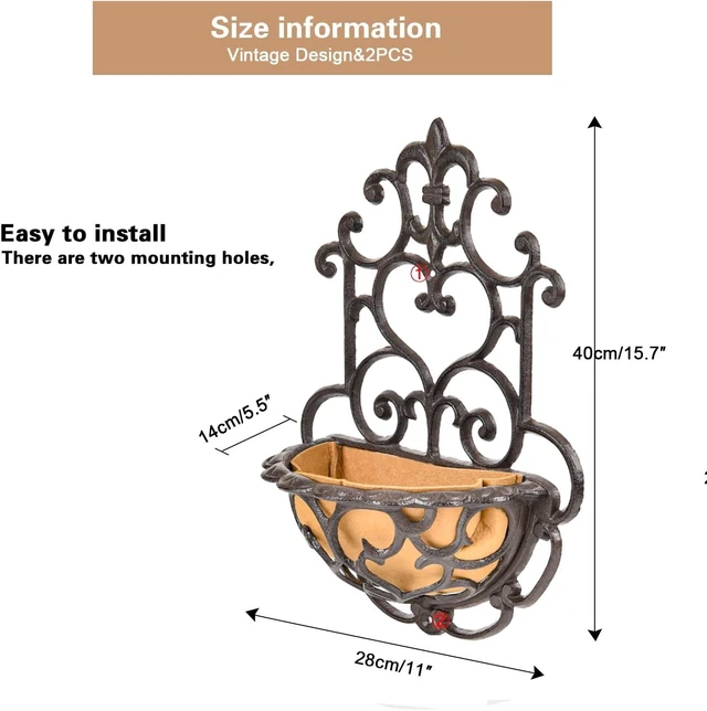 Alt view image 6 of 7 - Half-Round Cast Iron Wall Hanging Planter with Fabric Liner, 2 Pack