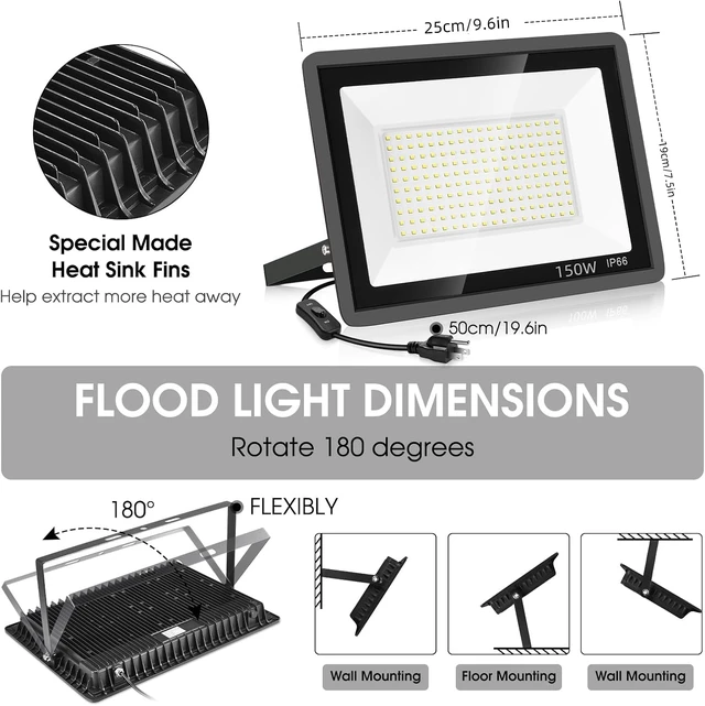 Alt view image 4 of 7 - 150W 15500LM 5000K LED Flood Lights with Plug, IP66 Waterproof Security Light for Yard, Garden & Basketball Court, 3 Pack