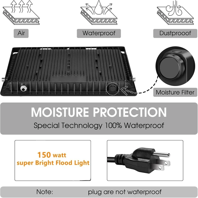 Alt view image 6 of 7 - 150W 15500LM 5000K LED Flood Lights with Plug, IP66 Waterproof Security Light for Yard, Garden & Basketball Court, 3 Pack