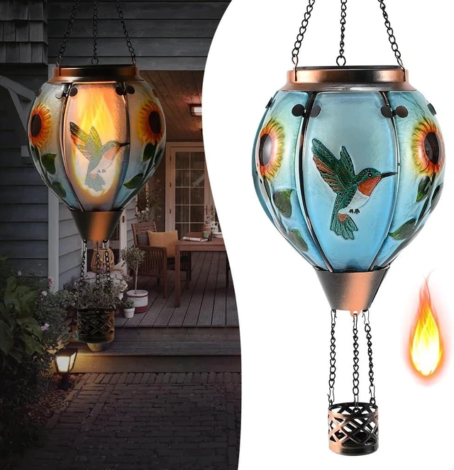 Main image of Hot Air Balloon Solar Lantern, Hummingbird Glass with Flickering & Dancing Flame, IP65 Waterproof Hanging Sunflower Yard Light for Patio, Lawn & Porch