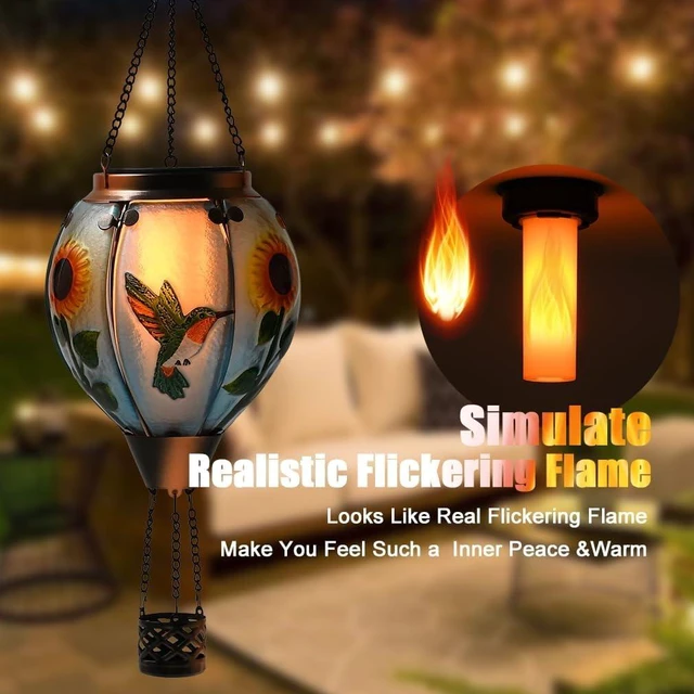 Alt view image 2 of 6 - Hot Air Balloon Solar Lantern, Hummingbird Glass with Flickering & Dancing Flame, IP65 Waterproof Hanging Sunflower Yard Light for Patio, Lawn & Porch