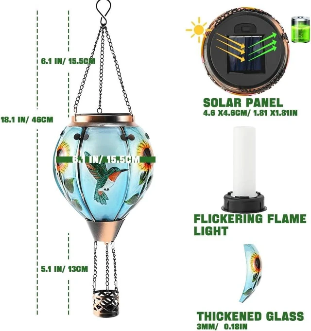 Alt view image 6 of 6 - Hot Air Balloon Solar Lantern, Hummingbird Glass with Flickering & Dancing Flame, IP65 Waterproof Hanging Sunflower Yard Light for Patio, Lawn & Porch