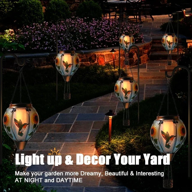 Alt view image 5 of 6 - Hot Air Balloon Solar Lantern, Hummingbird Glass with Flickering & Dancing Flame, IP65 Waterproof Hanging Sunflower Yard Light for Patio, Lawn & Porch