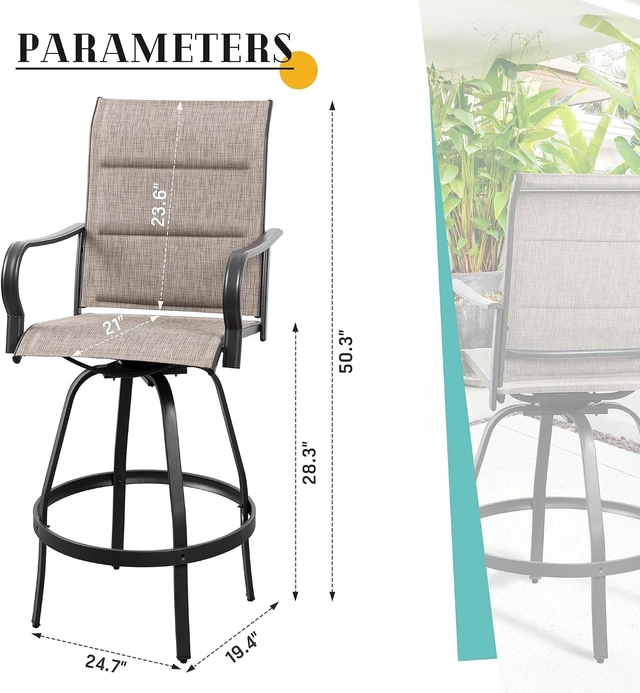 Alt view image 3 of 7 - All-Weather 4-Piece Swivel Patio Bar Chair Set, Padded Sling High-Top Bistro Stools for Backyard, Garden & Balcony, Gray