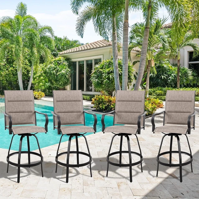Alt view image 2 of 7 - All-Weather 4-Piece Swivel Patio Bar Chair Set, Padded Sling High-Top Bistro Stools for Backyard, Garden & Balcony, Gray