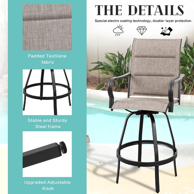 Alt view image 5 of 7 - All-Weather 4-Piece Swivel Patio Bar Chair Set, Padded Sling High-Top Bistro Stools for Backyard, Garden & Balcony, Gray