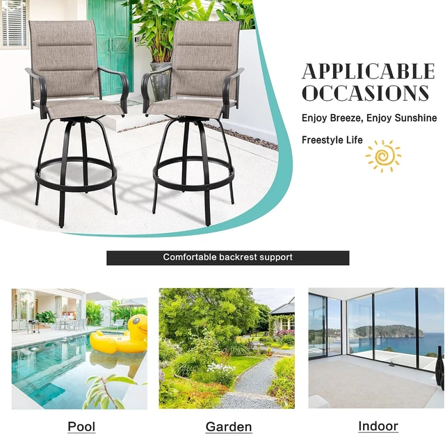 Alt view image 7 of 7 - All-Weather 4-Piece Swivel Patio Bar Chair Set, Padded Sling High-Top Bistro Stools for Backyard, Garden & Balcony, Gray