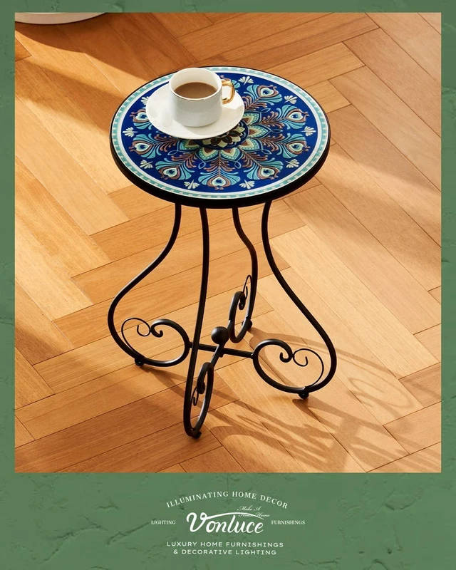 Alt view image 2 of 7 - 21" Round Mosaic Outdoor Side Table with 14" Ceramic Tile Top, Indoor/Outdoor Accent Plant Stand for Patio & Garden, Peacock
