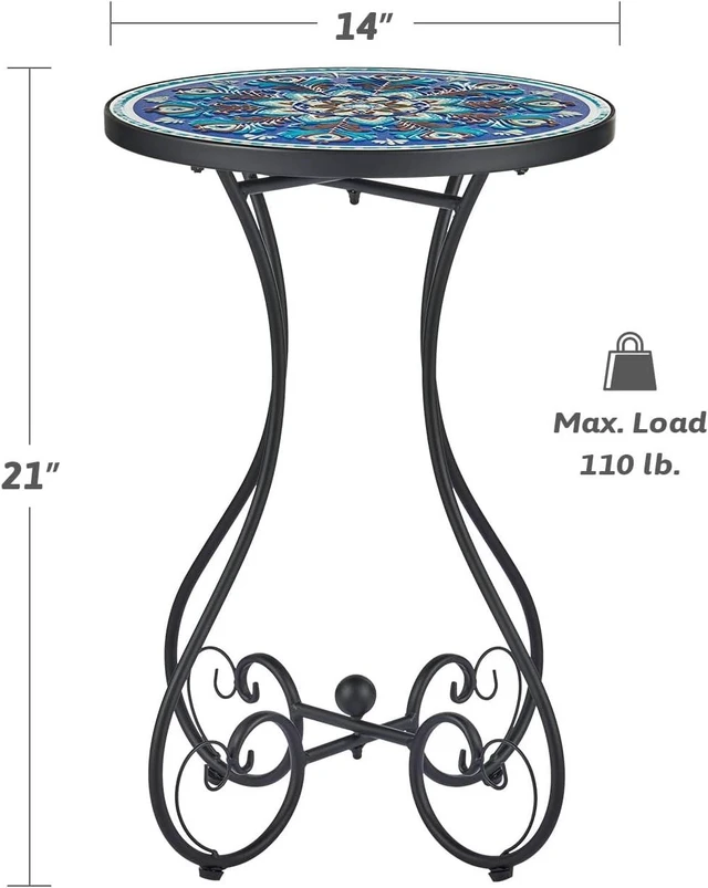 Alt view image 3 of 7 - 21" Round Mosaic Outdoor Side Table with 14" Ceramic Tile Top, Indoor/Outdoor Accent Plant Stand for Patio & Garden, Peacock