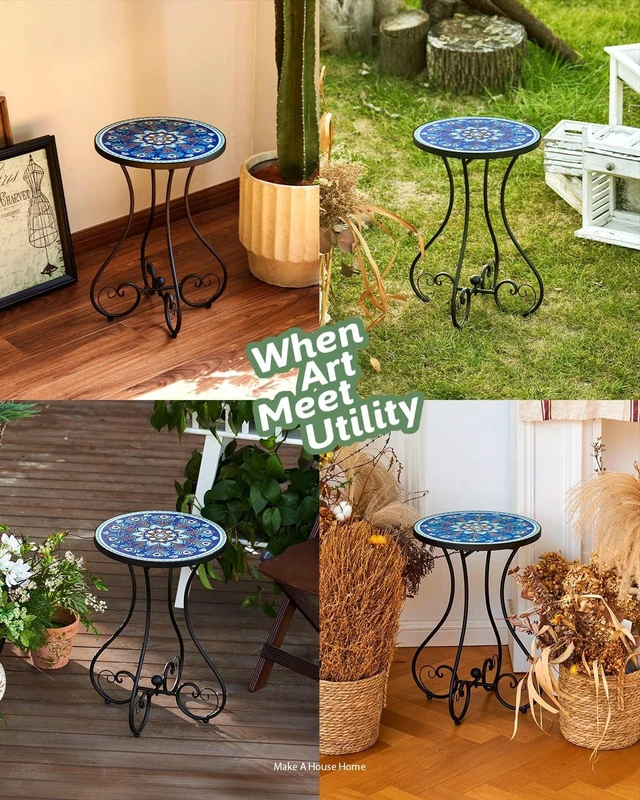 Alt view image 4 of 7 - 21" Round Mosaic Outdoor Side Table with 14" Ceramic Tile Top, Indoor/Outdoor Accent Plant Stand for Patio & Garden, Peacock