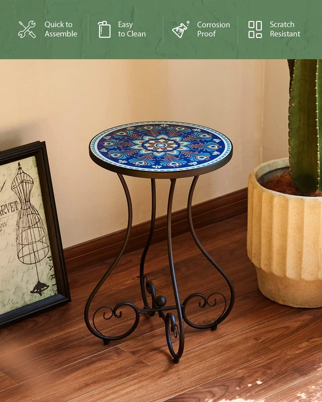 Alt view image 5 of 7 - 21" Round Mosaic Outdoor Side Table with 14" Ceramic Tile Top, Indoor/Outdoor Accent Plant Stand for Patio & Garden, Peacock
