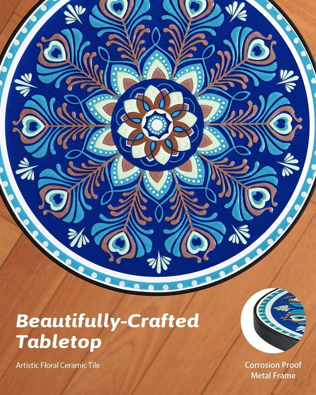 Alt view image 6 of 7 - 21" Round Mosaic Outdoor Side Table with 14" Ceramic Tile Top, Indoor/Outdoor Accent Plant Stand for Patio & Garden, Peacock